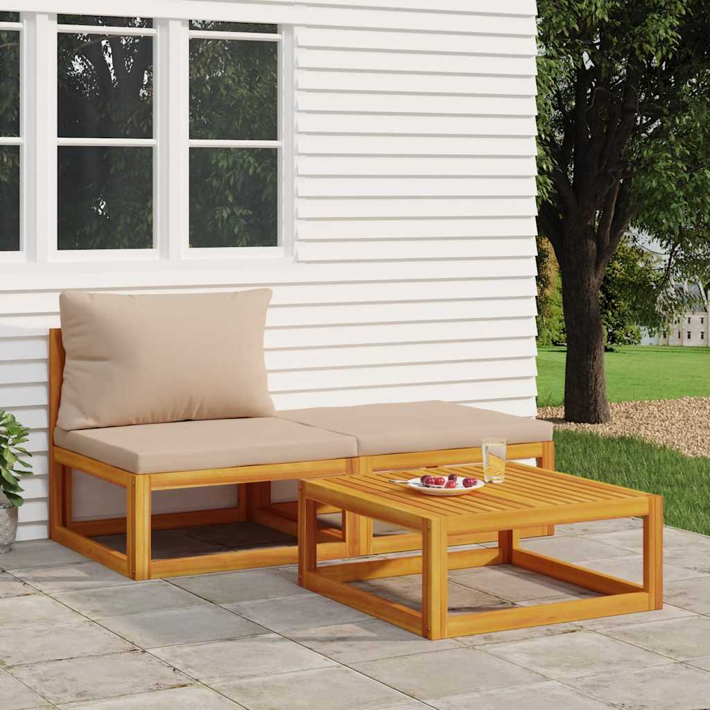 3 Pcs conjunto lounge de jardim c/ almofadões acácia maciça