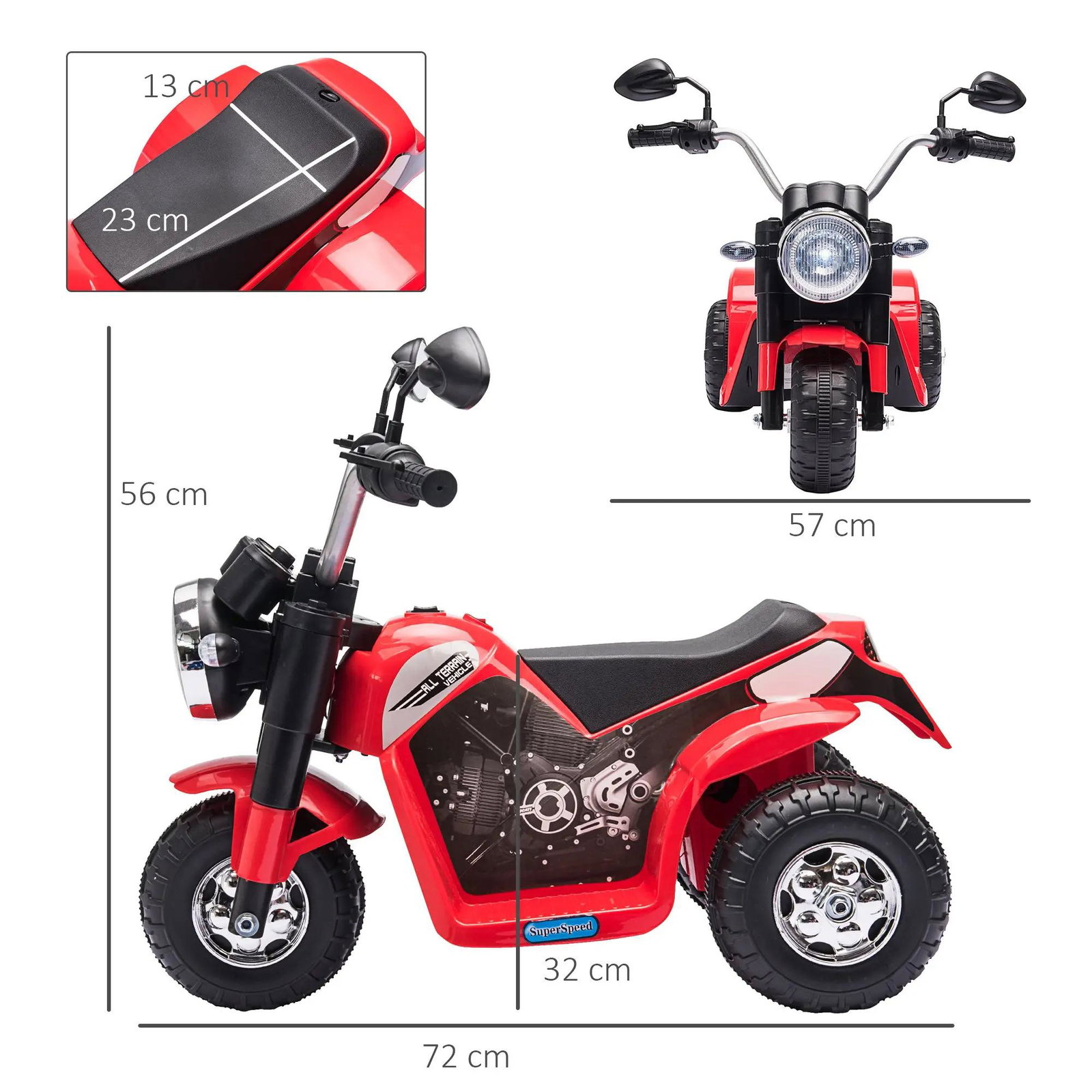 Motocicleta Elétrica Infantil com 3 Rodas Triciclo a Bateria 6V para Crianças de 18-36 Meses com Farol Buzina 72x57x56cm Vermelh