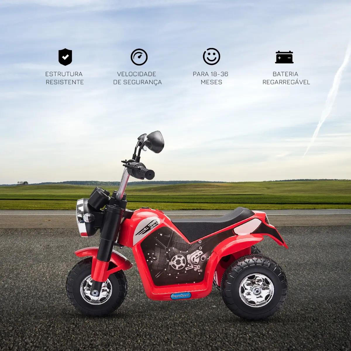 Motocicleta Elétrica Infantil com 3 Rodas Triciclo a Bateria 6V para Crianças de 18-36 Meses com Farol Buzina 72x57x56cm Vermelh