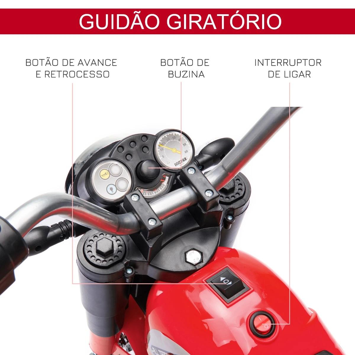 Motocicleta Elétrica Infantil com 3 Rodas Triciclo a Bateria 6V para Crianças de 18-36 Meses com Farol Buzina 72x57x56cm Vermelh