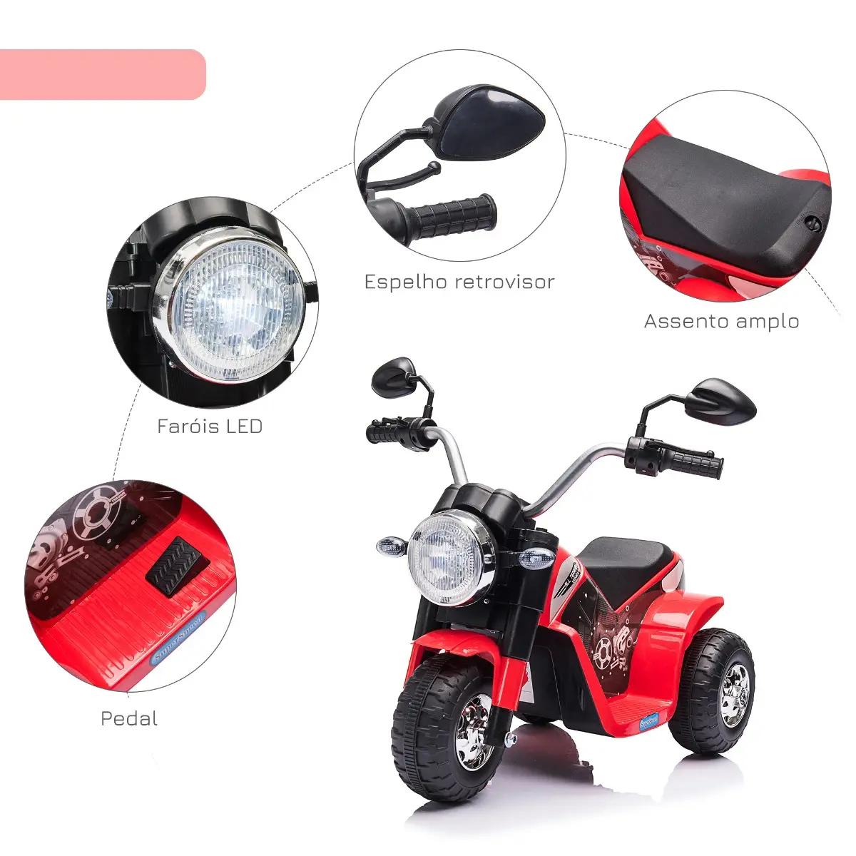 Motocicleta Elétrica Infantil com 3 Rodas Triciclo a Bateria 6V para Crianças de 18-36 Meses com Farol Buzina 72x57x56cm Vermelh