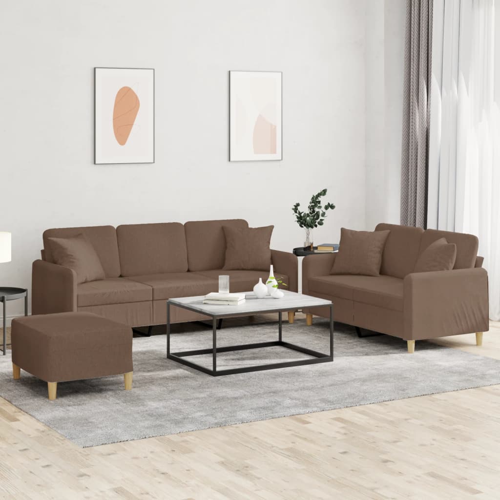 3 Pcs conjunto de sofás com almofadas tecido castanho