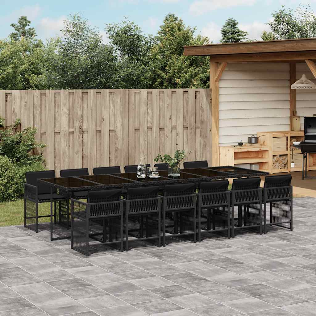 13 Pcs conjunto de jantar p/jardim com almofadões vime PE preto