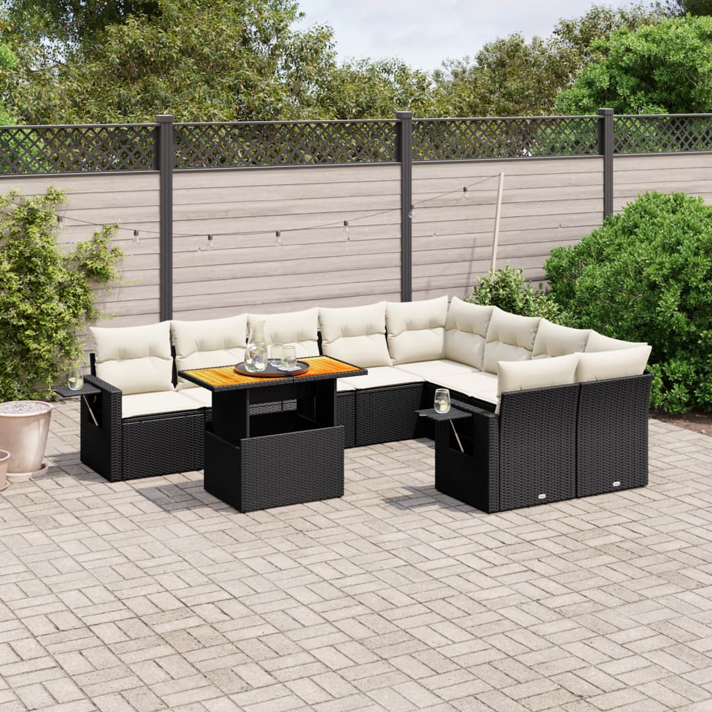 10 Pcs conjunto sofás de jardim c/ almofadões vime PE preto