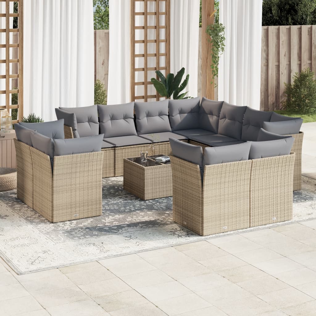 12 Pcs conjunto de sofás p/ jardim com almofadões vime PE bege
