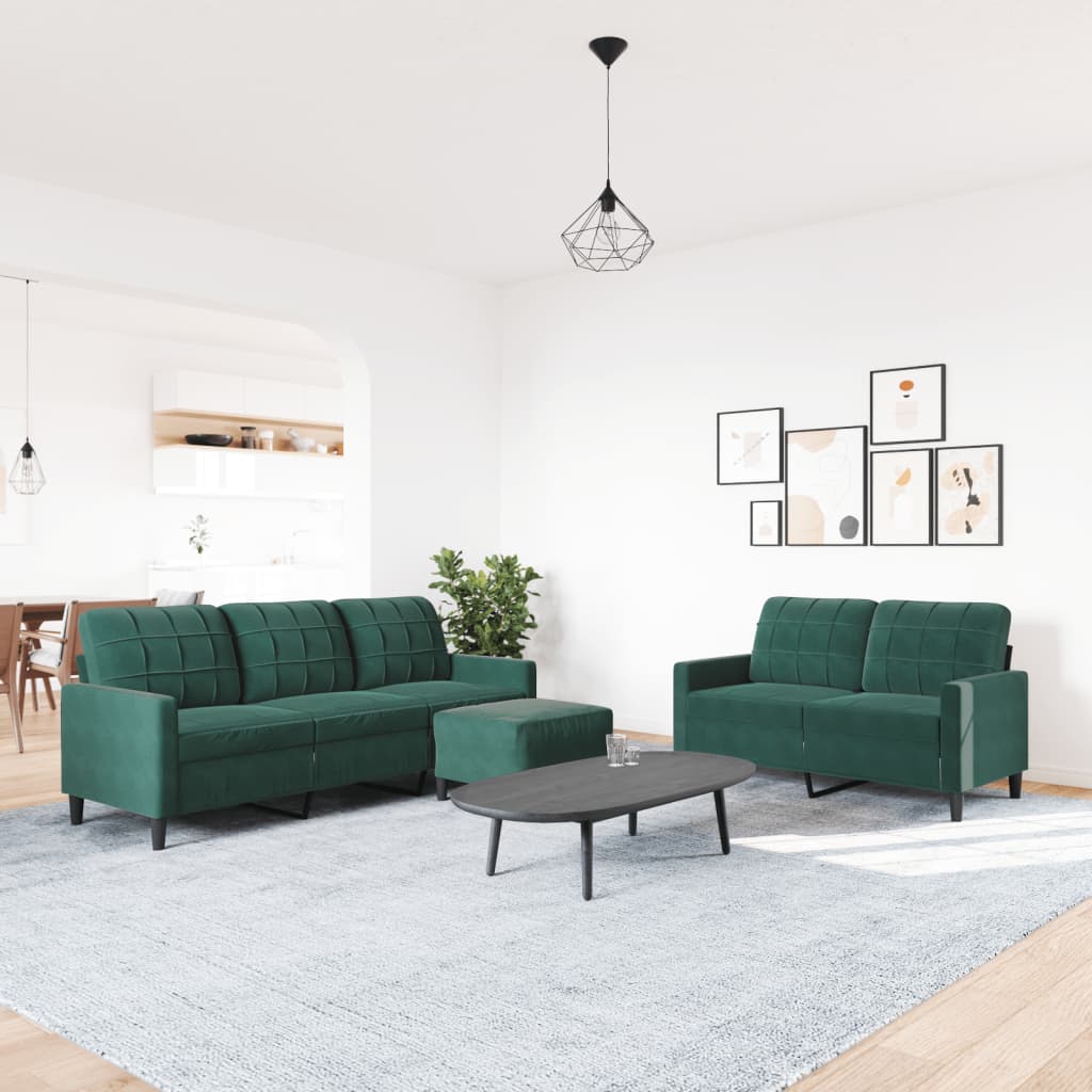 3 Pcs conjunto de sofás com almofadões veludo verde-escuro