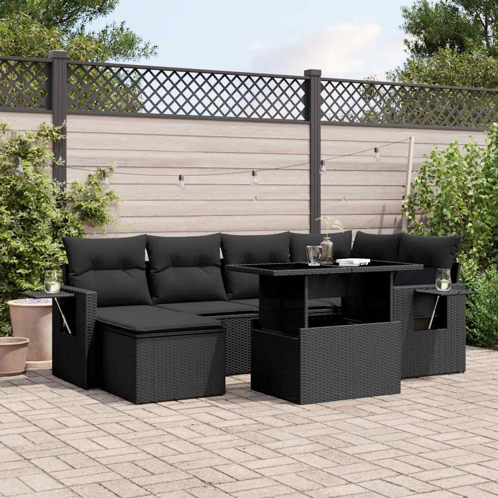 7 Pcs conjunto de sofás p/ jardim c/ almofadões vime PE preto