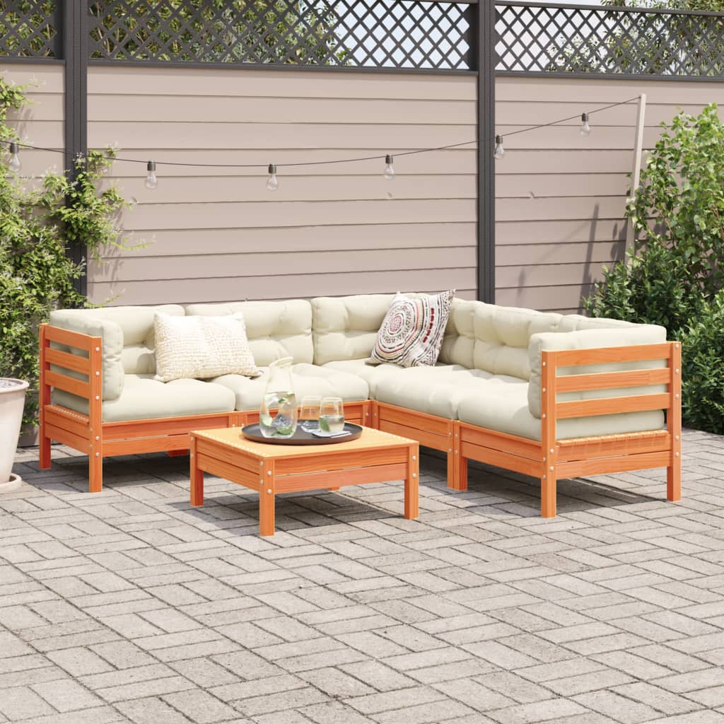 6 Pcs conj. sofás jardim almofadões pinho maciço castanho cera