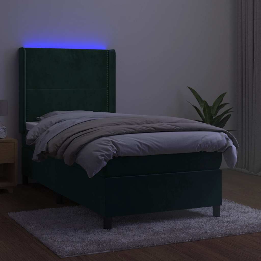 Cama box spring c/ colchão/LED 100x200 cm veludo verde-escuro