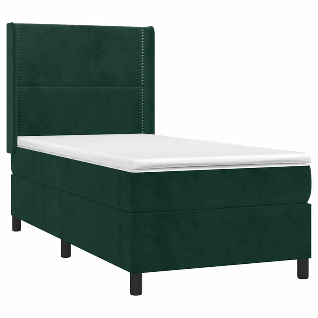 Cama box spring c/ colchão/LED 100x200 cm veludo verde-escuro