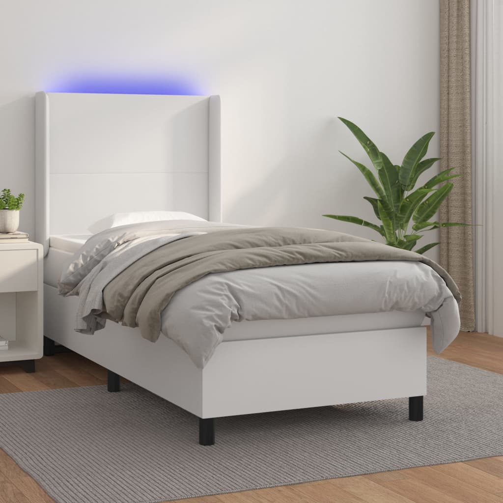 Cama box spring c/colchão/LED 100x200cm couro artificial branco