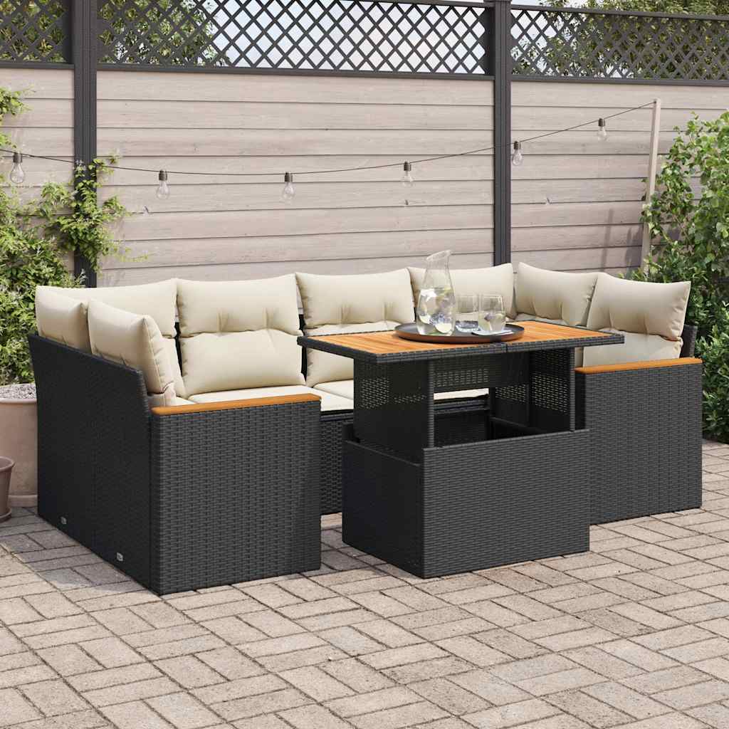 6 Pcs conjunto sofás jardim c/ almofadões vime PE/acácia preto