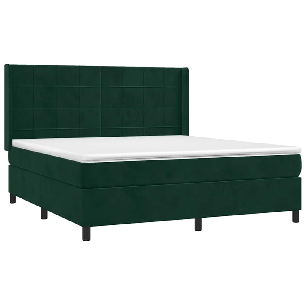 Cama box spring c/ colchão/LED 160x200 cm veludo verde-escuro