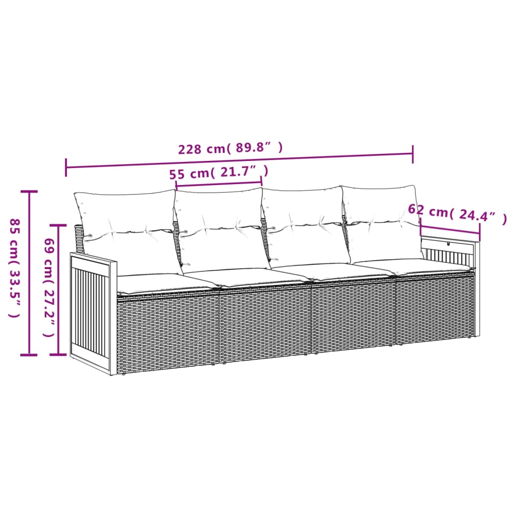 4 Pcs conjunto de sofás para jardim c/ almofadões vime PE preto