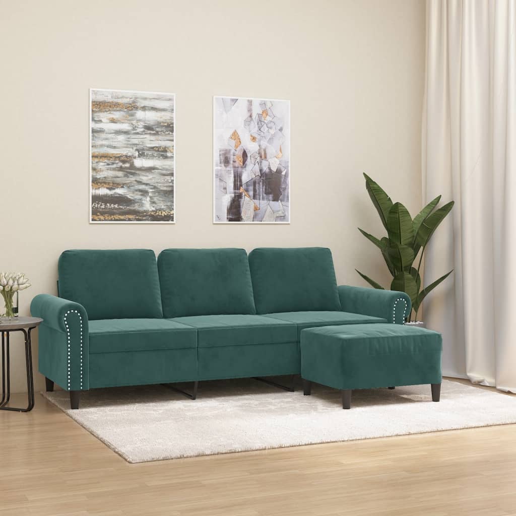Sofá de 3 lugares com apoio de pés 180 cm veludo verde-escuro