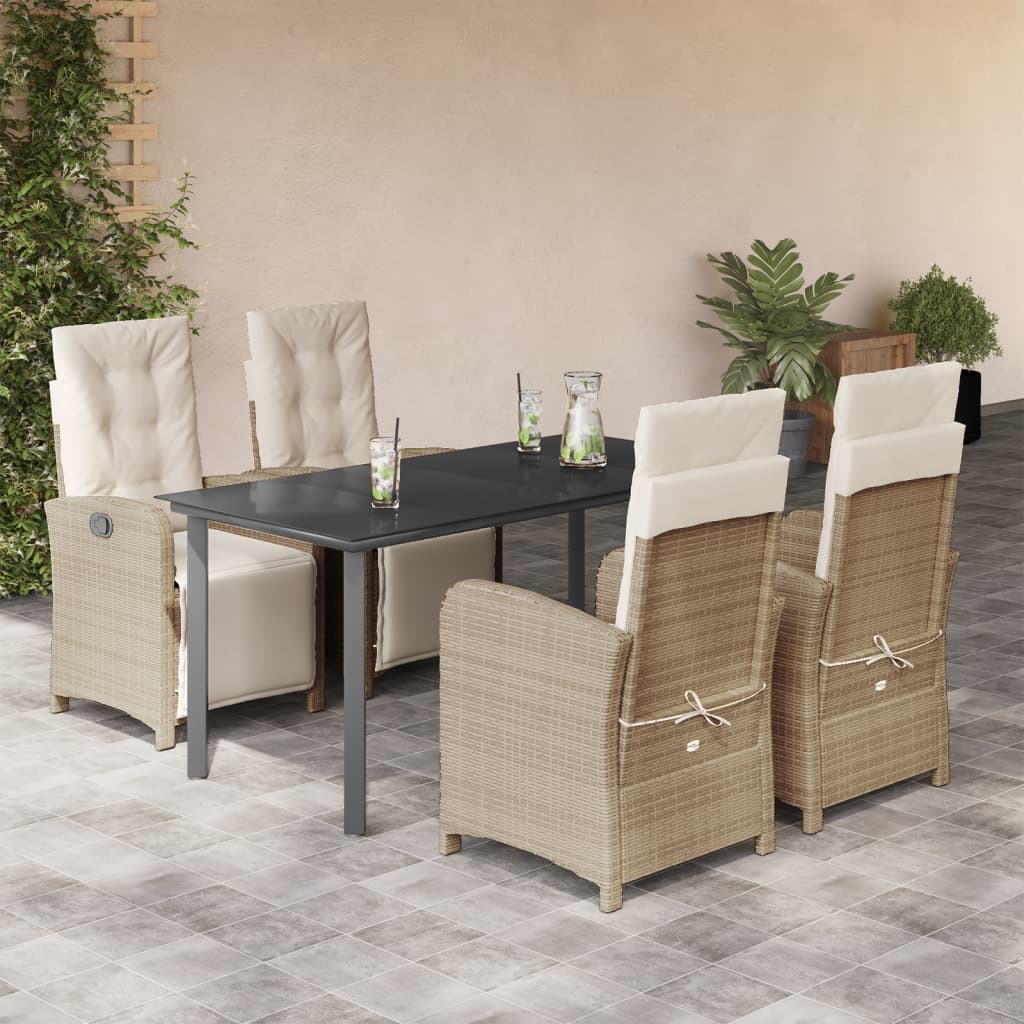 5 Pcs conjunto de jantar p/ jardim com almofadões vime PE bege