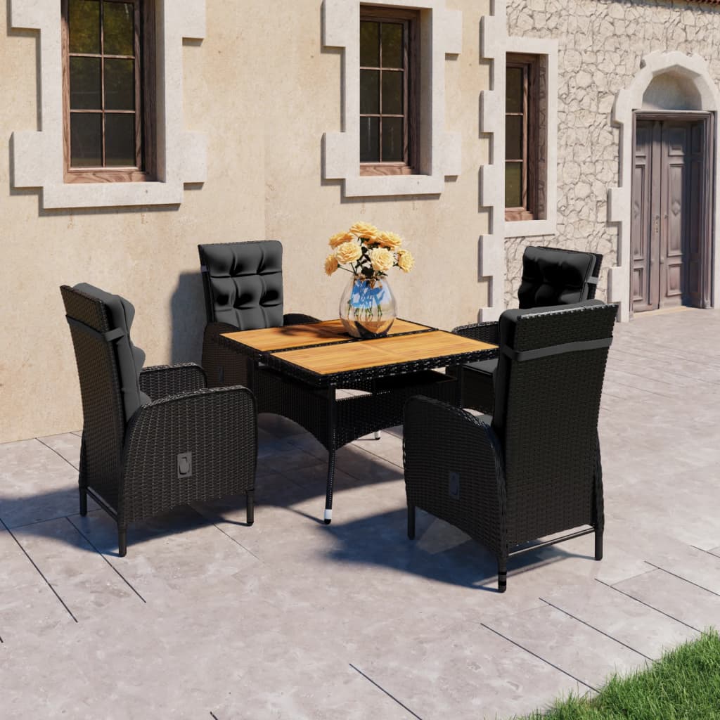 5 Pcs conjunto de jantar jardim vime PE e acácia maciça preto