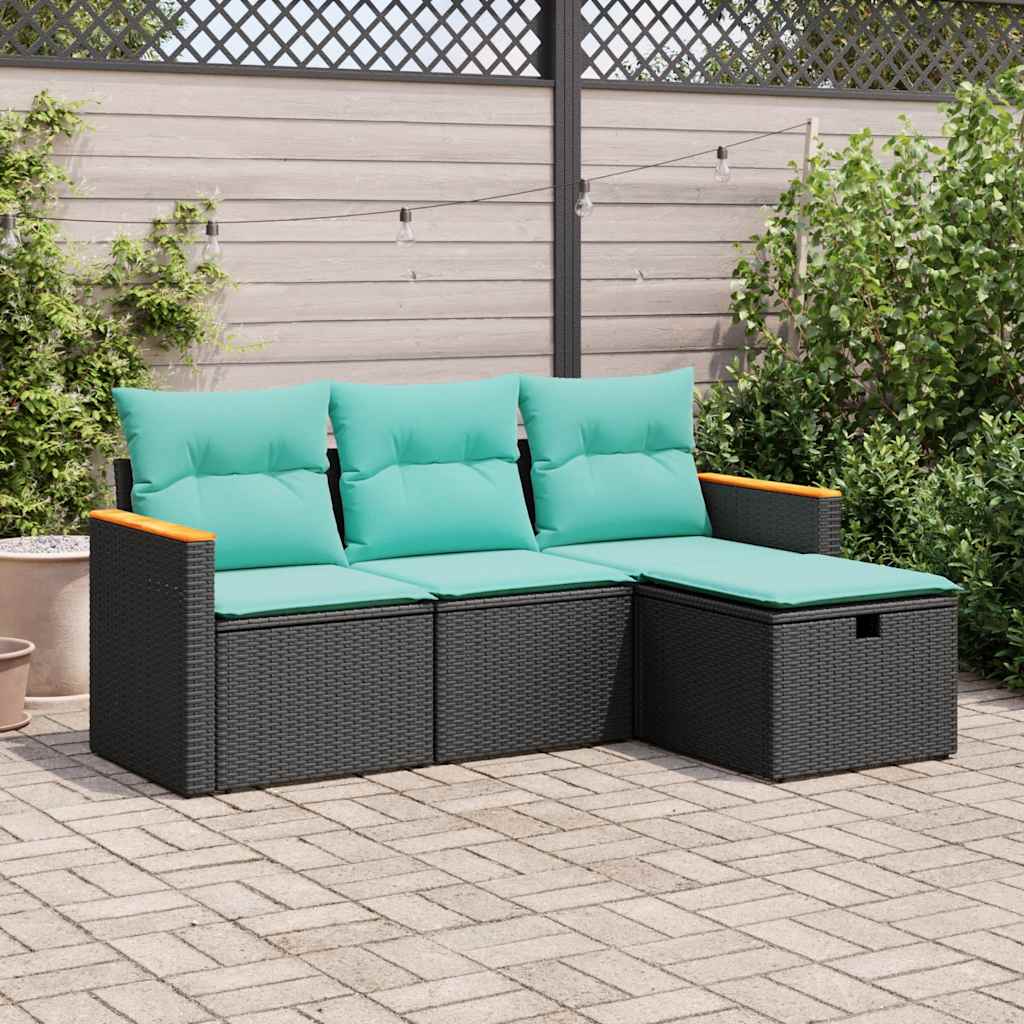 4 Pcs conjunto de sofás para jardim c/ almofadões vime PE preto