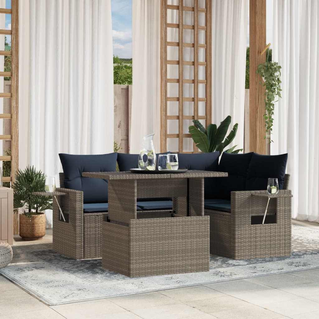 Conjunto de sofá de jardim de 5 peças com almofadas em rattan sintético cinza