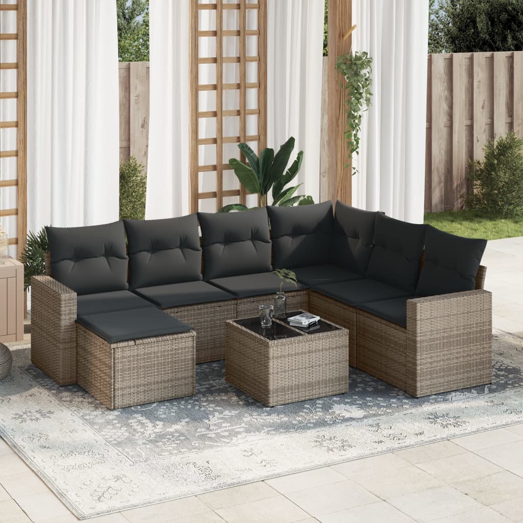 8 Pcs conjunto sofás de jardim c/ almofadões vime PE cinzento