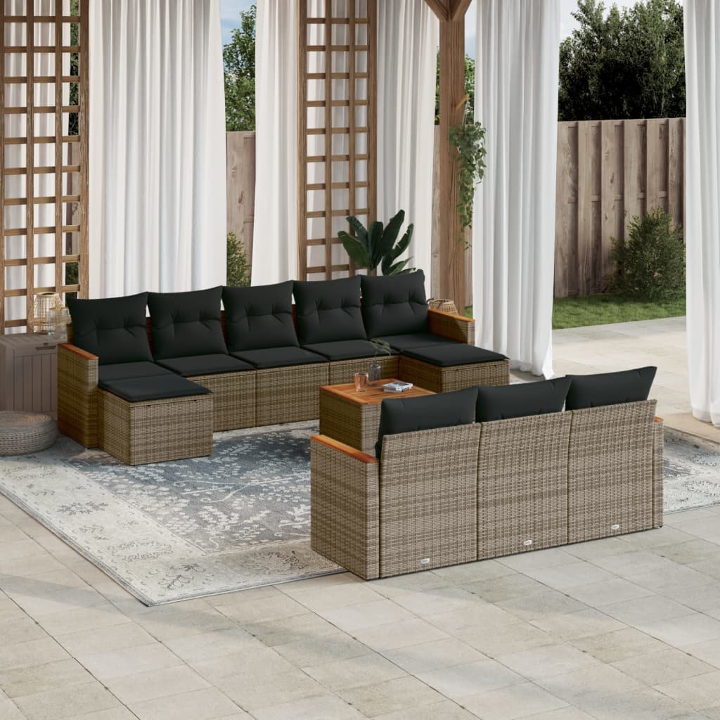 11 Pcs conjunto sofás de jardim c/ almofadões vime PE cinzento