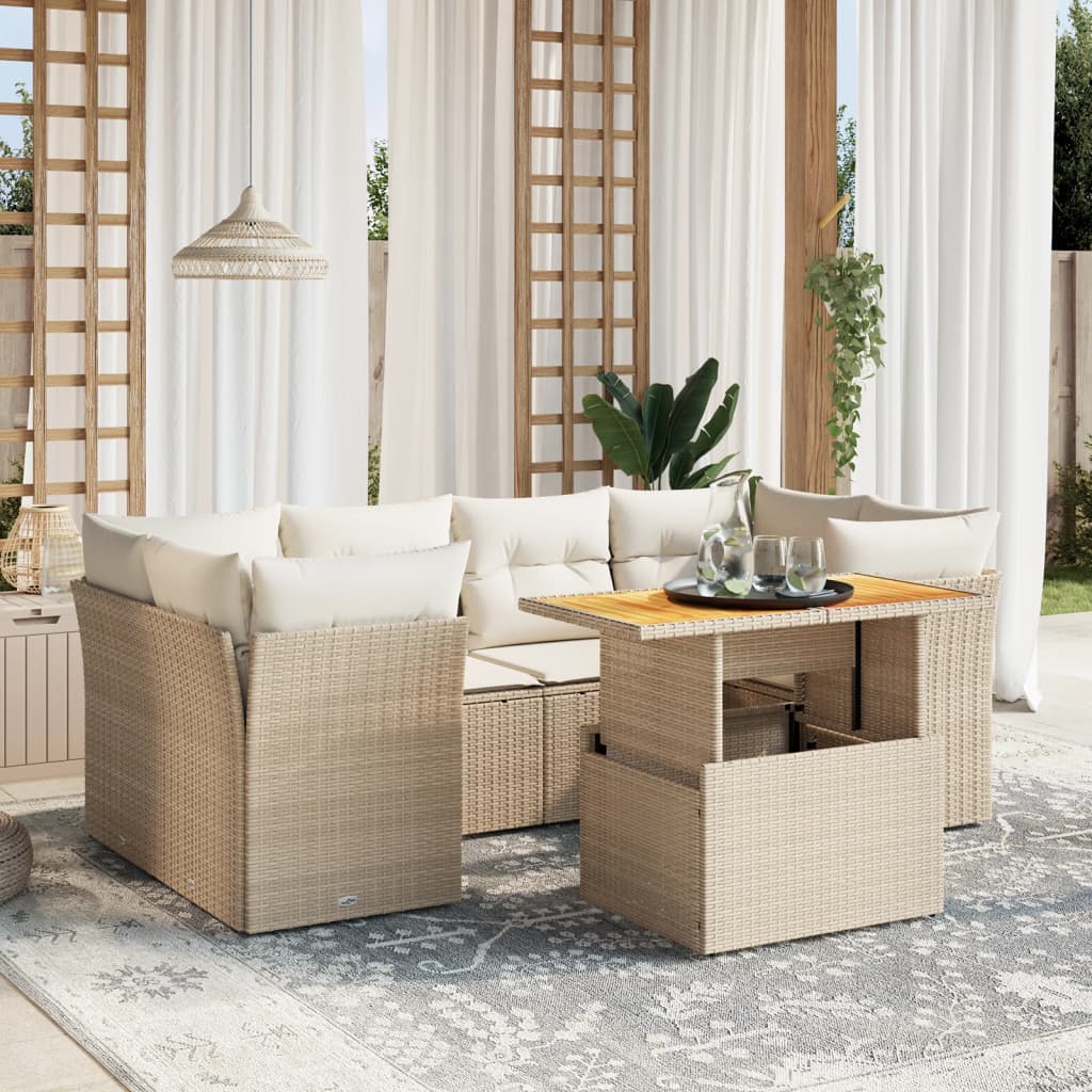 7 Pcs conjunto de sofás p/ jardim com almofadões vime PE bege