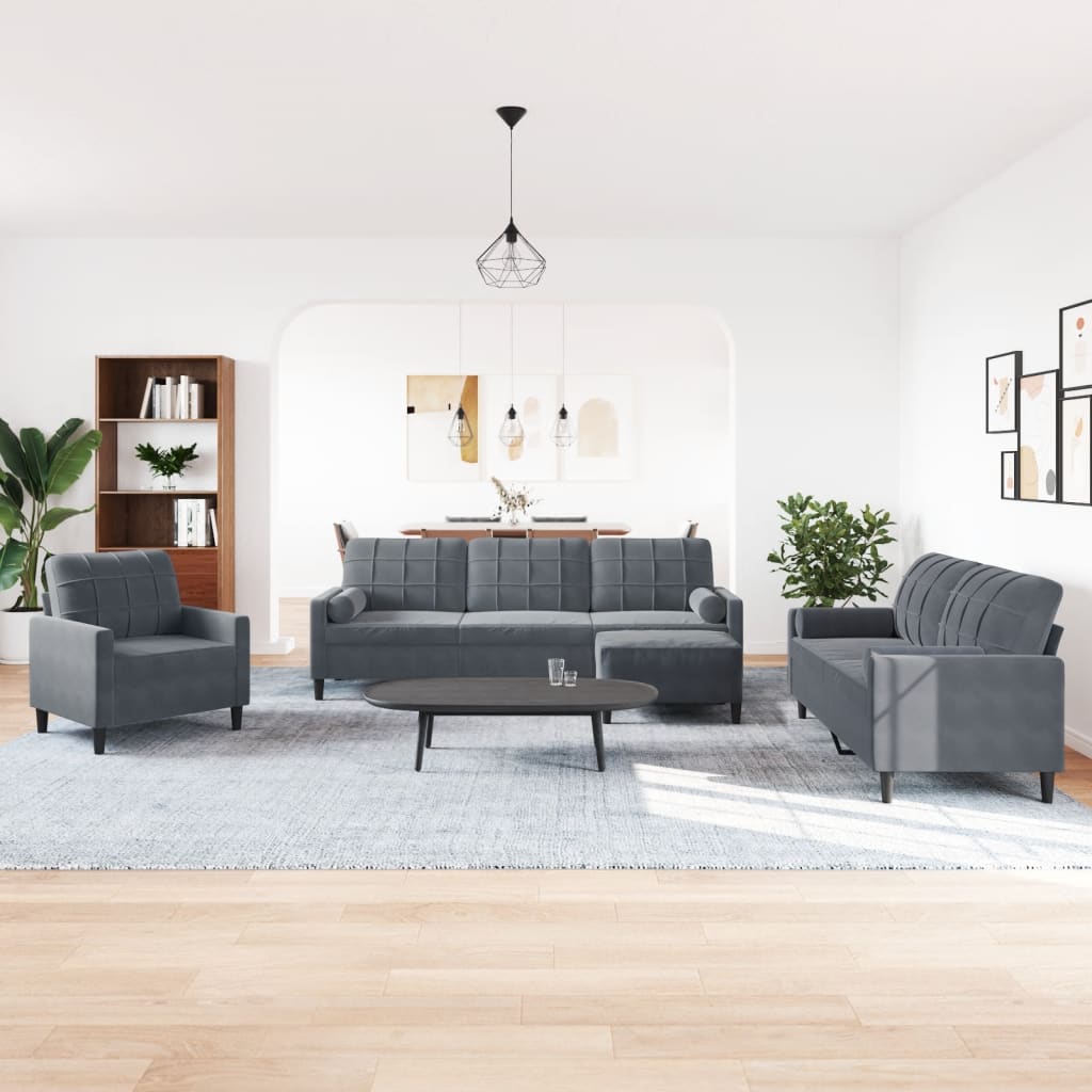 4 Pcs conjunto sofás com almofadões e rolos veludo cinza-escuro