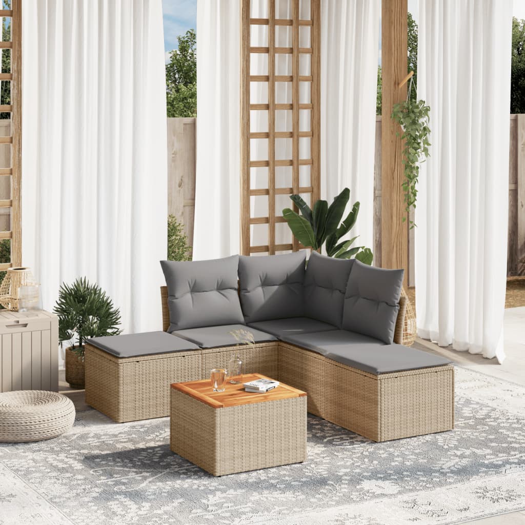 6 Pcs conjunto de sofás p/ jardim com almofadões vime PE bege