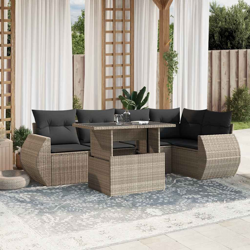 7 Pcs conj. sofás jardim com almofadões vime PE cinzento-claro