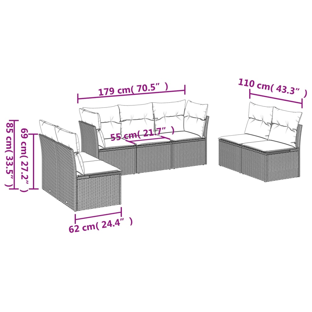 7 Pcs conjunto de sofás p/ jardim com almofadões vime PE bege