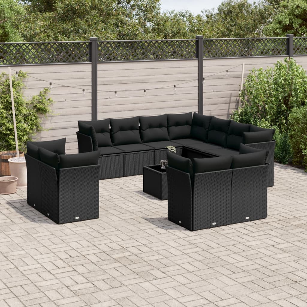 12 Pcs conjunto de sofás de jardim c/ almofadões vime PE preto