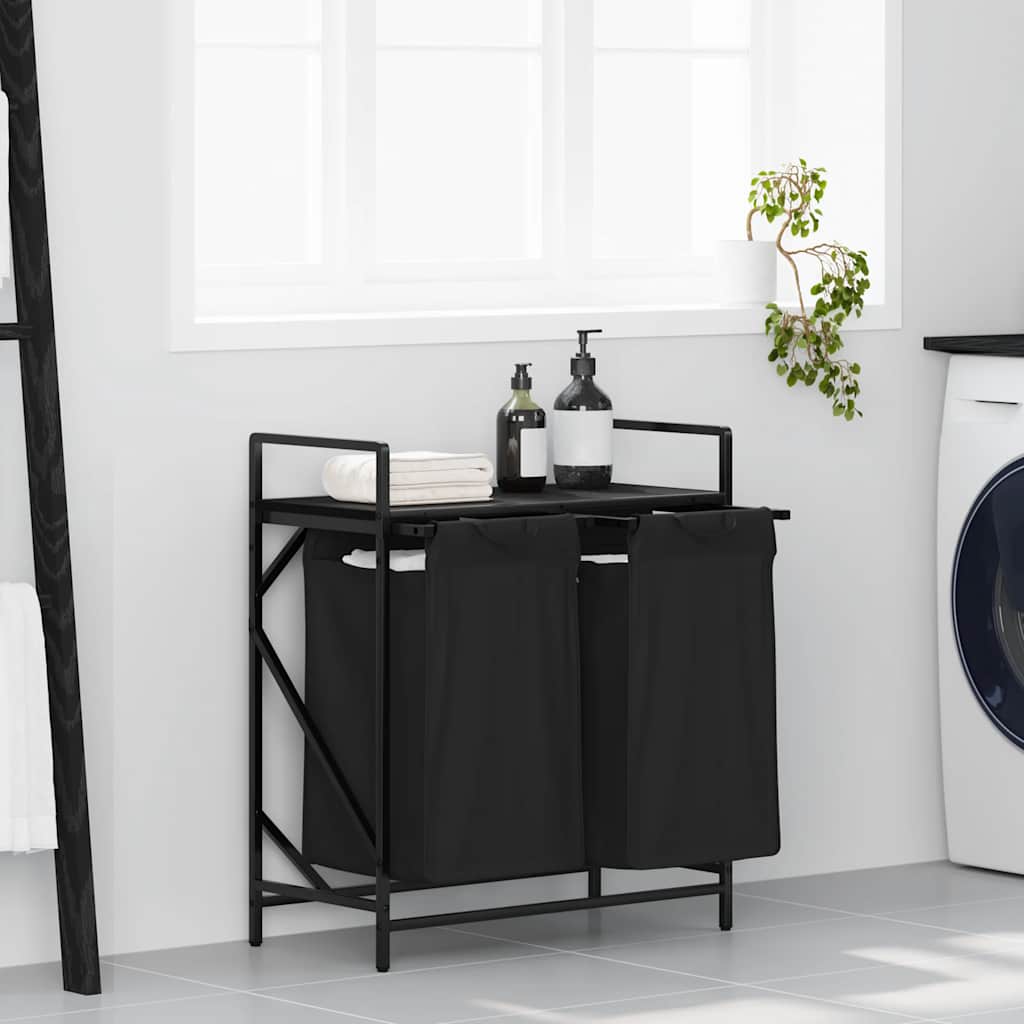 Cesto de roupa suja com 2 compartimentos e prateleira, cor carvalho preto