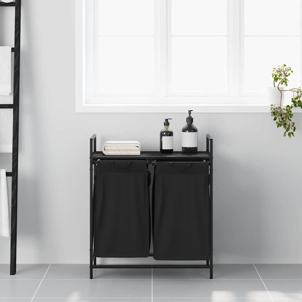 Cesto de roupa suja com 2 compartimentos e prateleira, cor carvalho preto