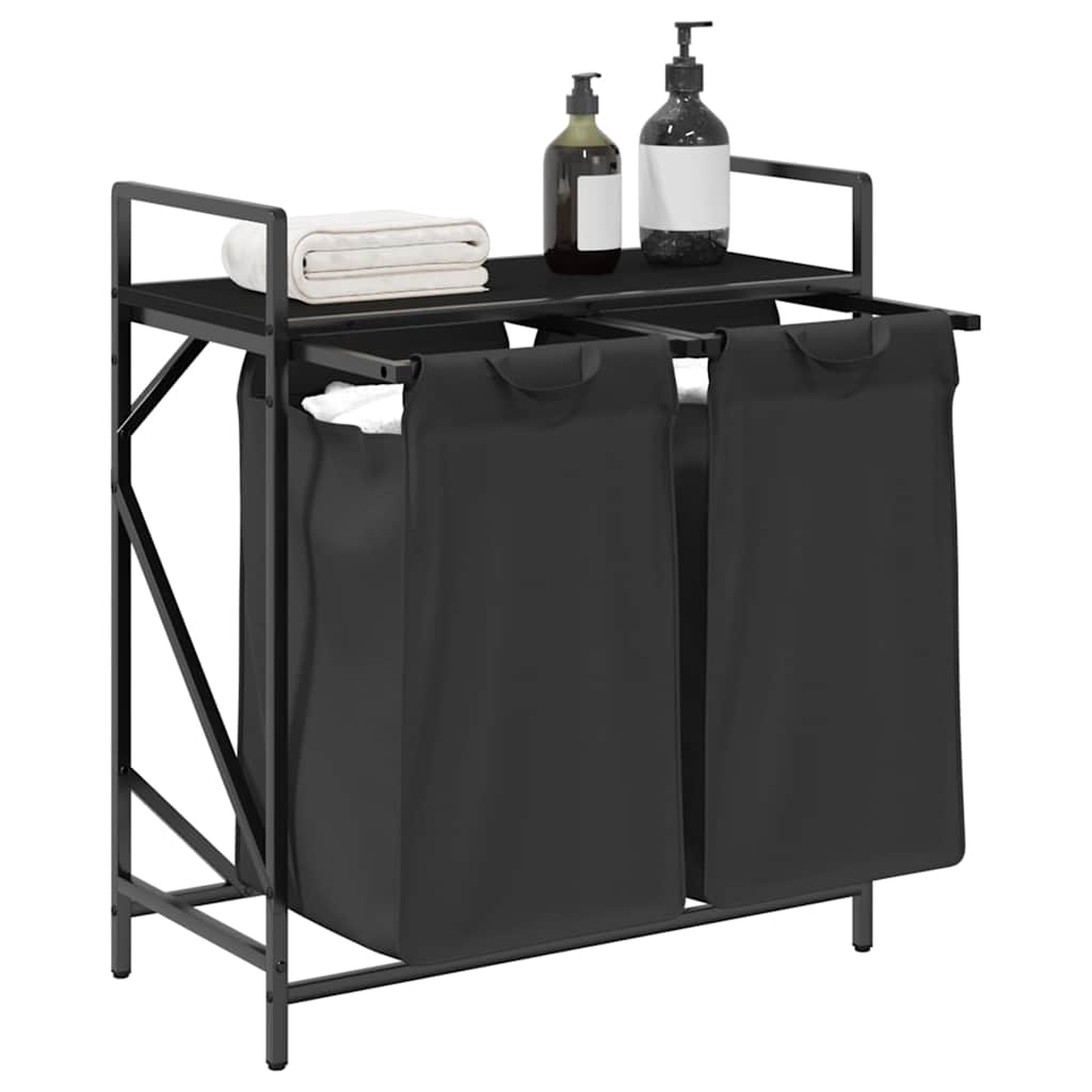 Cesto de roupa suja com 2 compartimentos e prateleira, cor carvalho preto