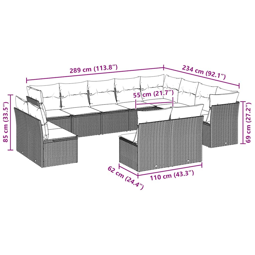12 Pcs conj. sofás jardim com almofadões vime PE cinzento-claro