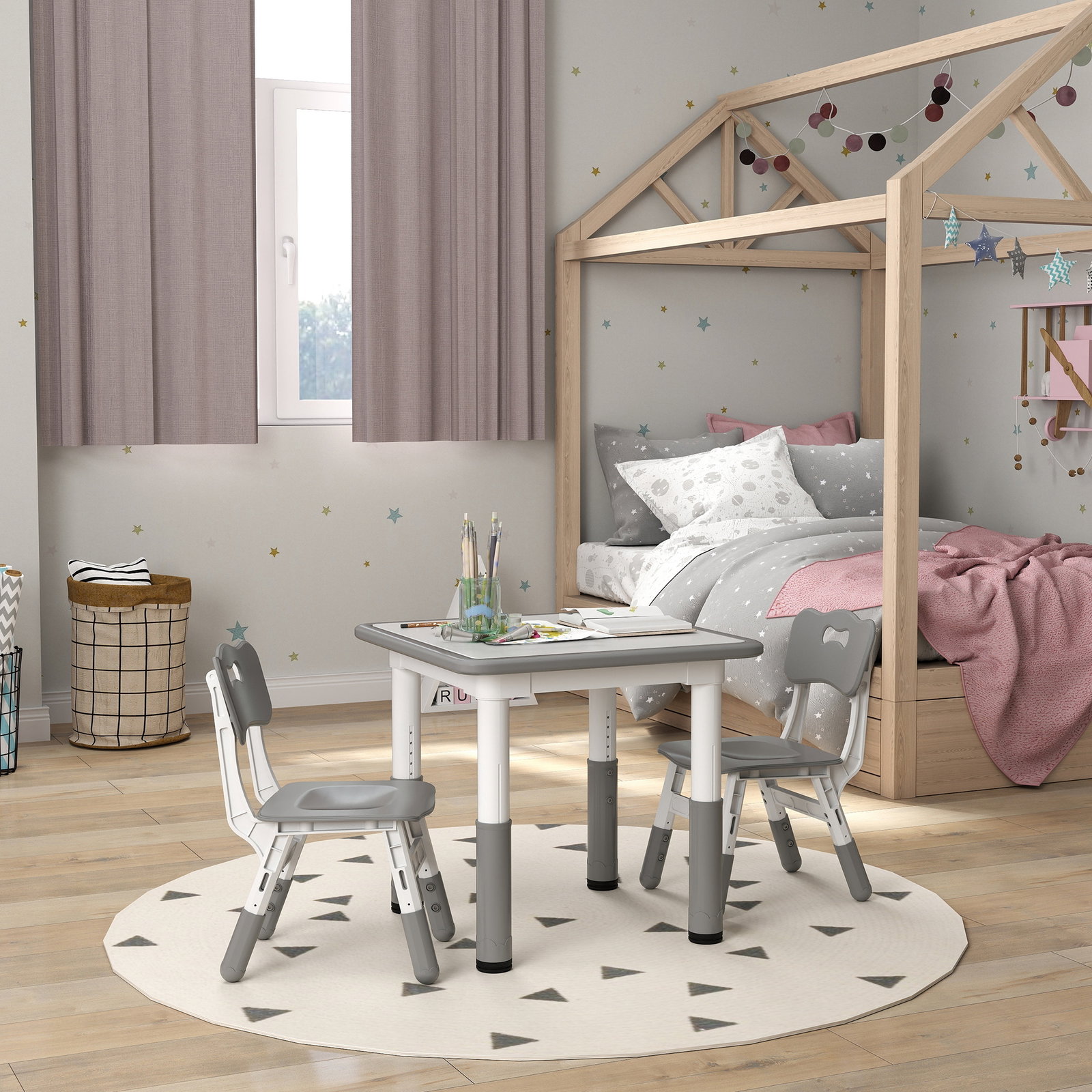 Mesa e cadeiras para crianças de 3 peças com altura ajustável para sala de jogos quarto escola infantil branco e cinza