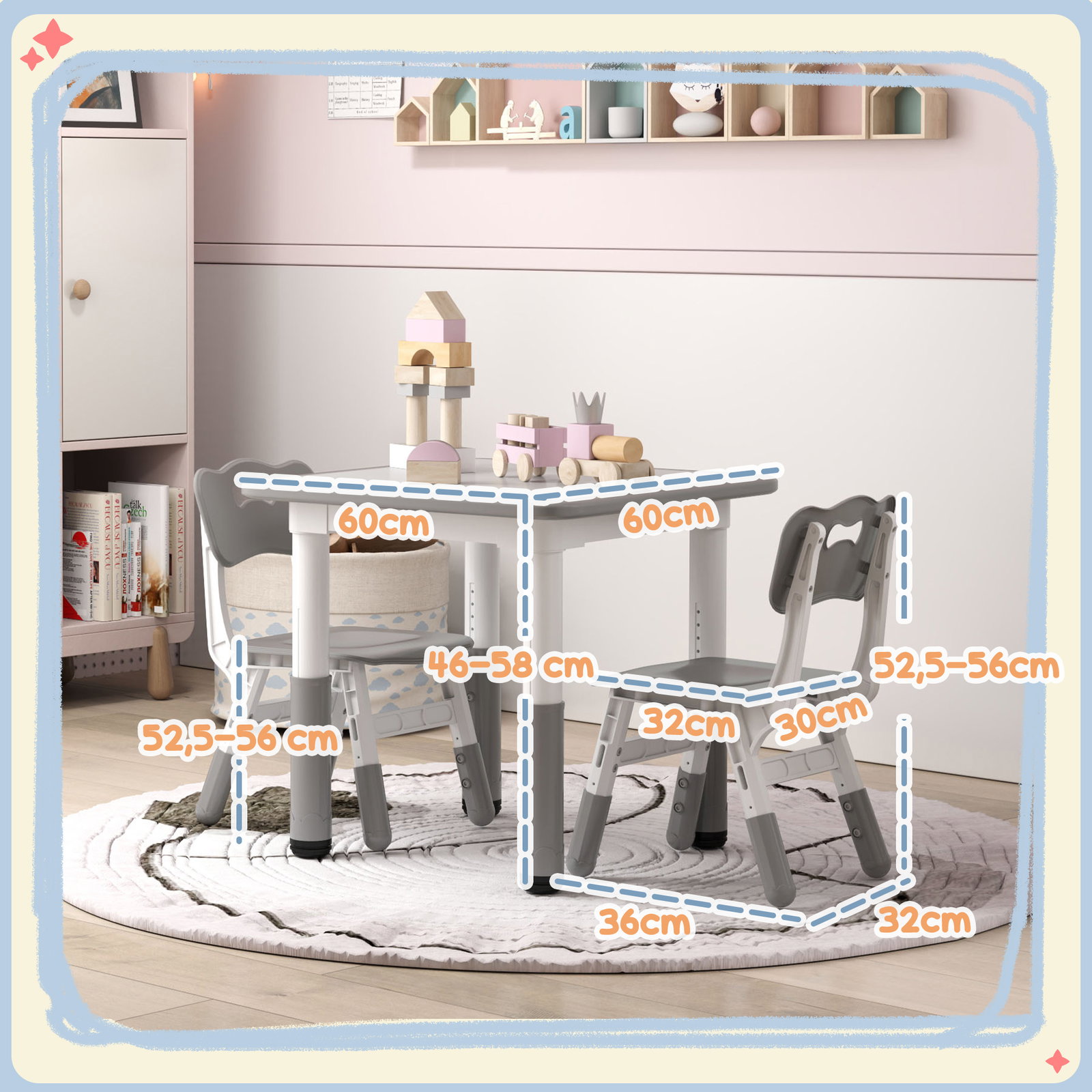 Mesa e cadeiras para crianças de 3 peças com altura ajustável para sala de jogos quarto escola infantil branco e cinza