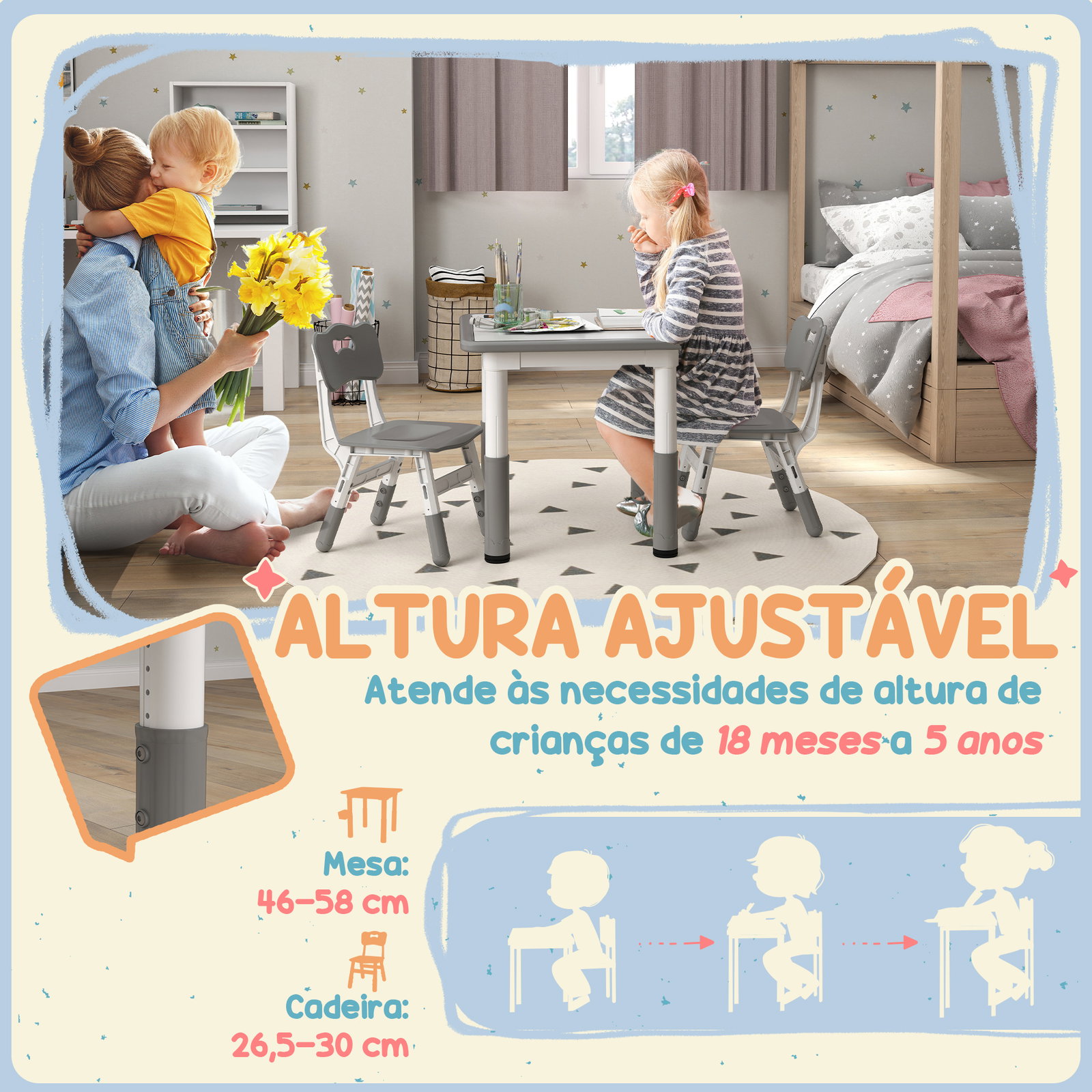 Mesa e cadeiras para crianças de 3 peças com altura ajustável para sala de jogos quarto escola infantil branco e cinza