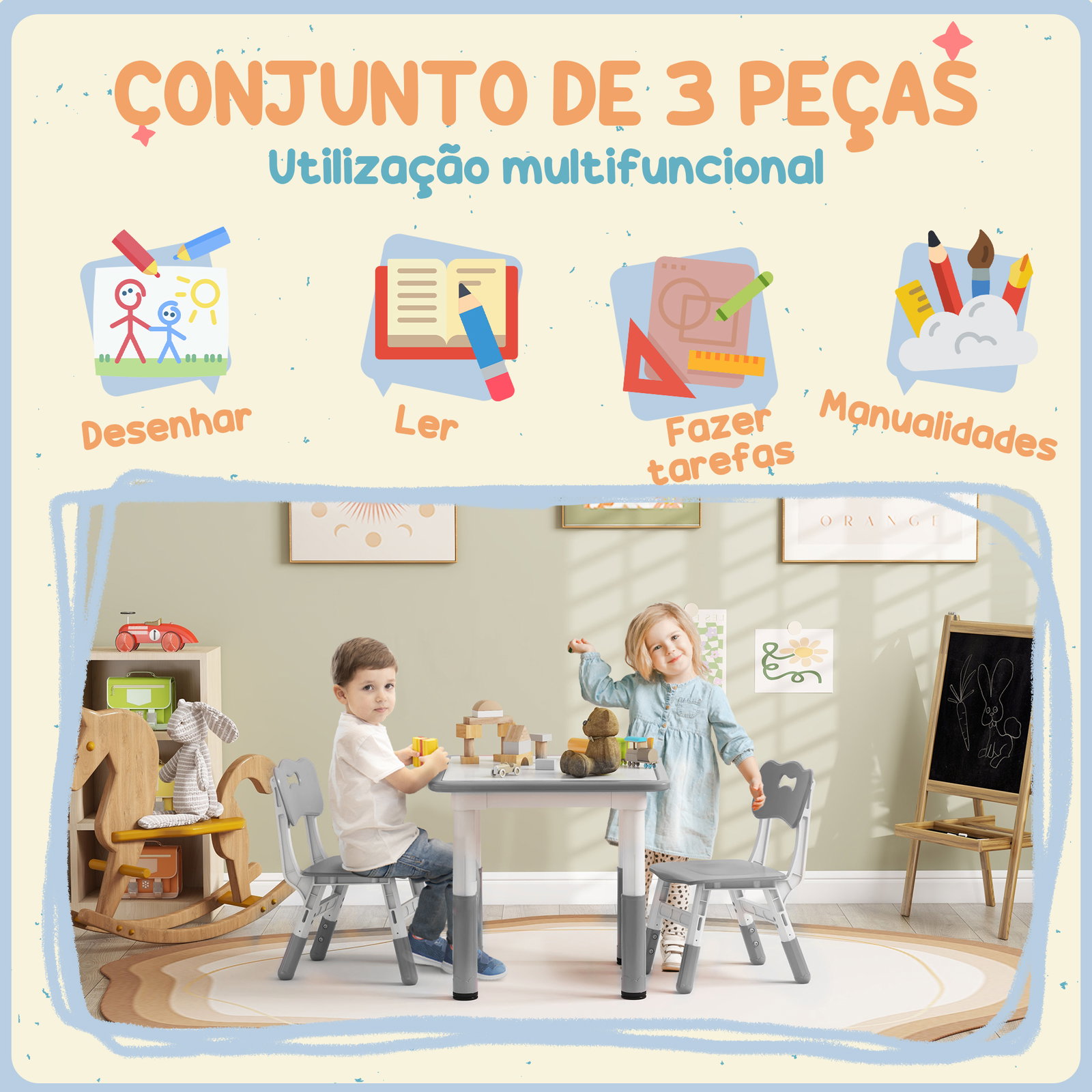 Mesa e cadeiras para crianças de 3 peças com altura ajustável para sala de jogos quarto escola infantil branco e cinza