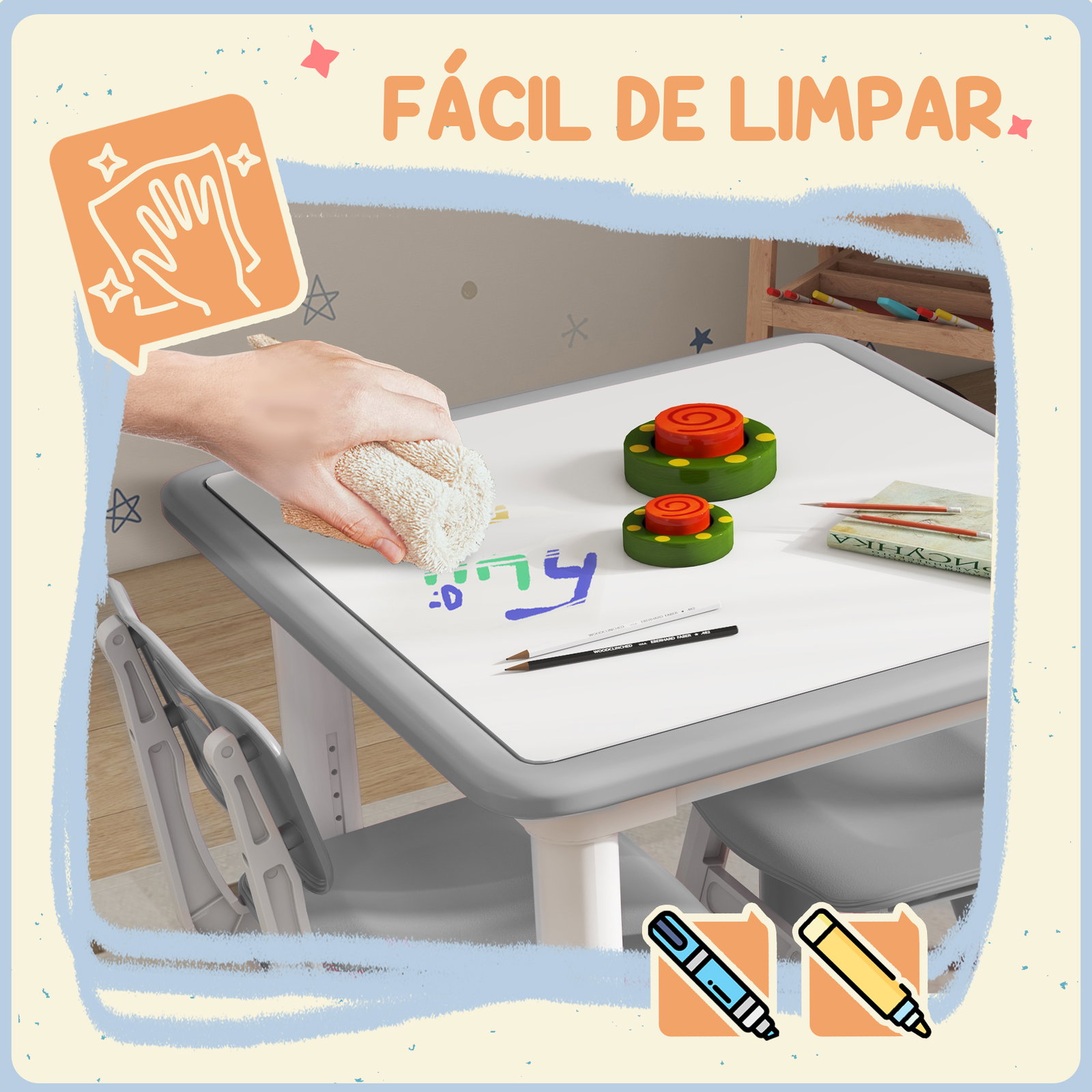 Mesa e cadeiras para crianças de 3 peças com altura ajustável para sala de jogos quarto escola infantil branco e cinza