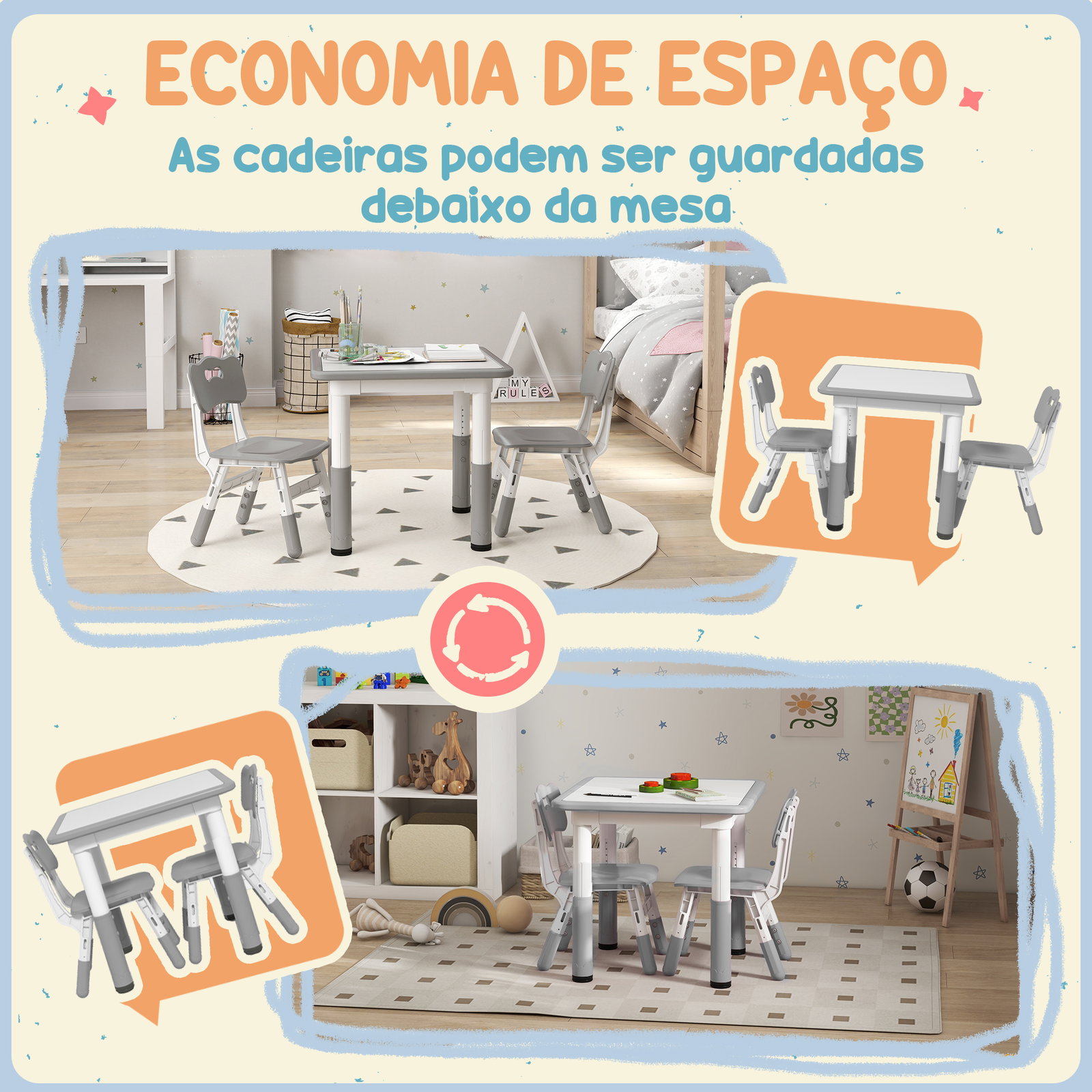 Mesa e cadeiras para crianças de 3 peças com altura ajustável para sala de jogos quarto escola infantil branco e cinza