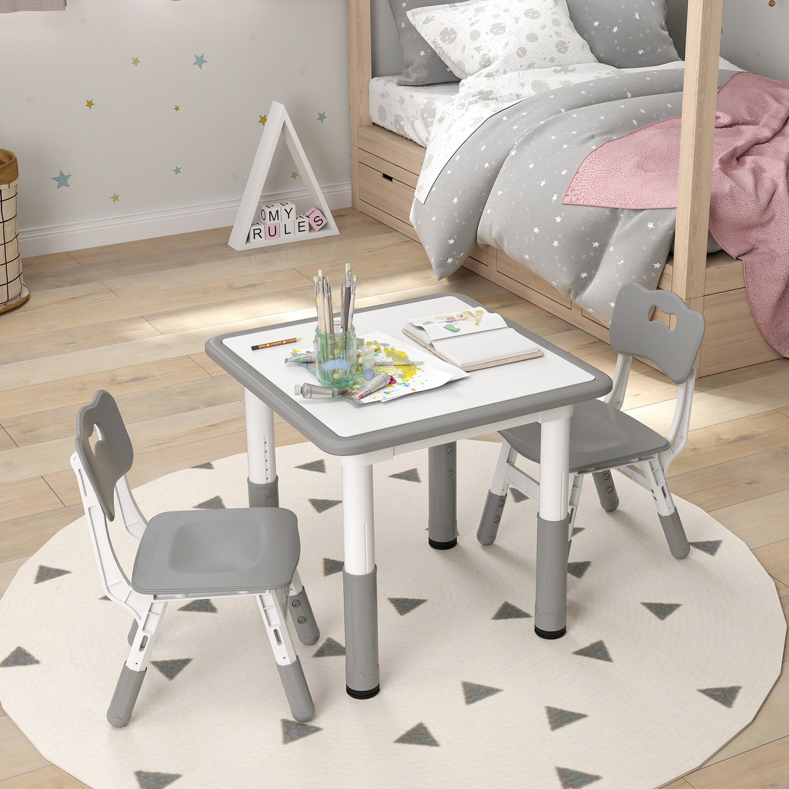 Mesa e cadeiras para crianças de 3 peças com altura ajustável para sala de jogos quarto escola infantil branco e cinza