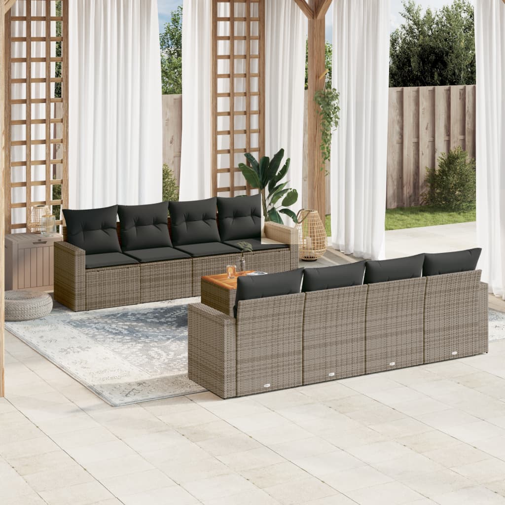 9 Pcs conjunto sofás p/ jardim com almofadões vime PE cinzento