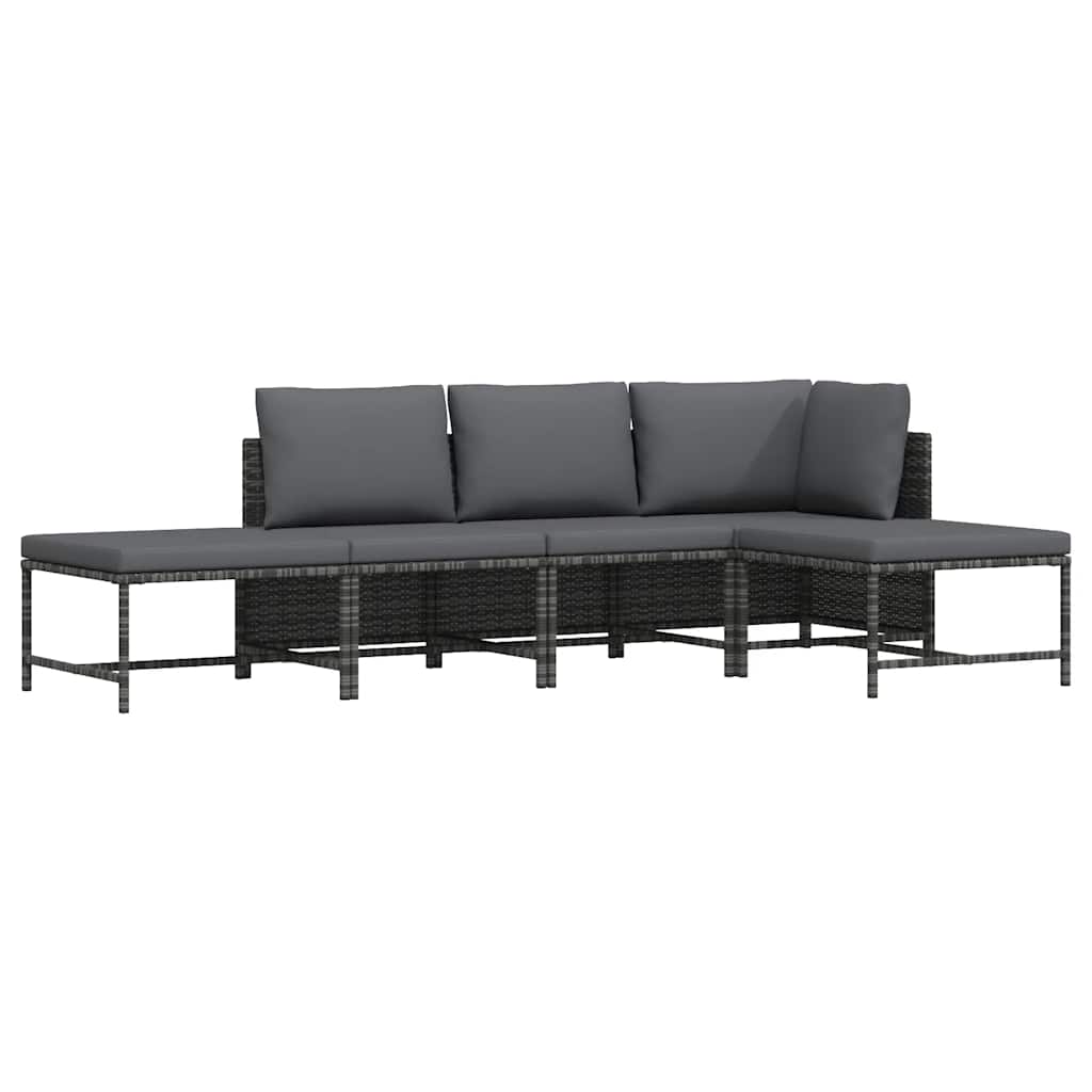 5 Pcs conjunto sofás de jardim c/ almofadões vime PE cinzento