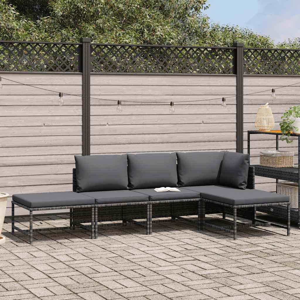 5 Pcs conjunto sofás de jardim c/ almofadões vime PE cinzento
