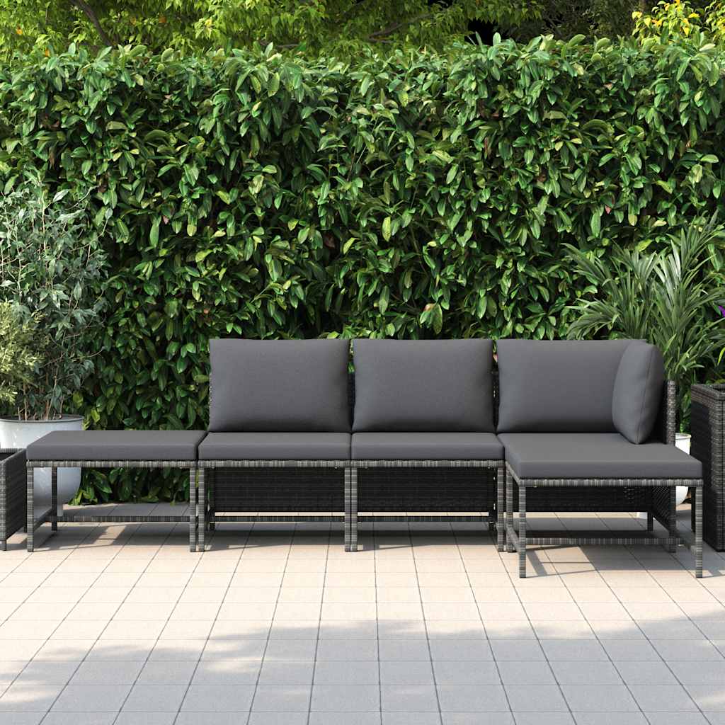 5 Pcs conjunto sofás de jardim c/ almofadões vime PE cinzento