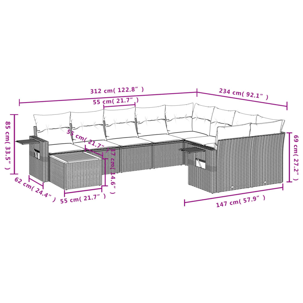 10 Pcs conjunto sofás de jardim c/ almofadões vime PE preto
