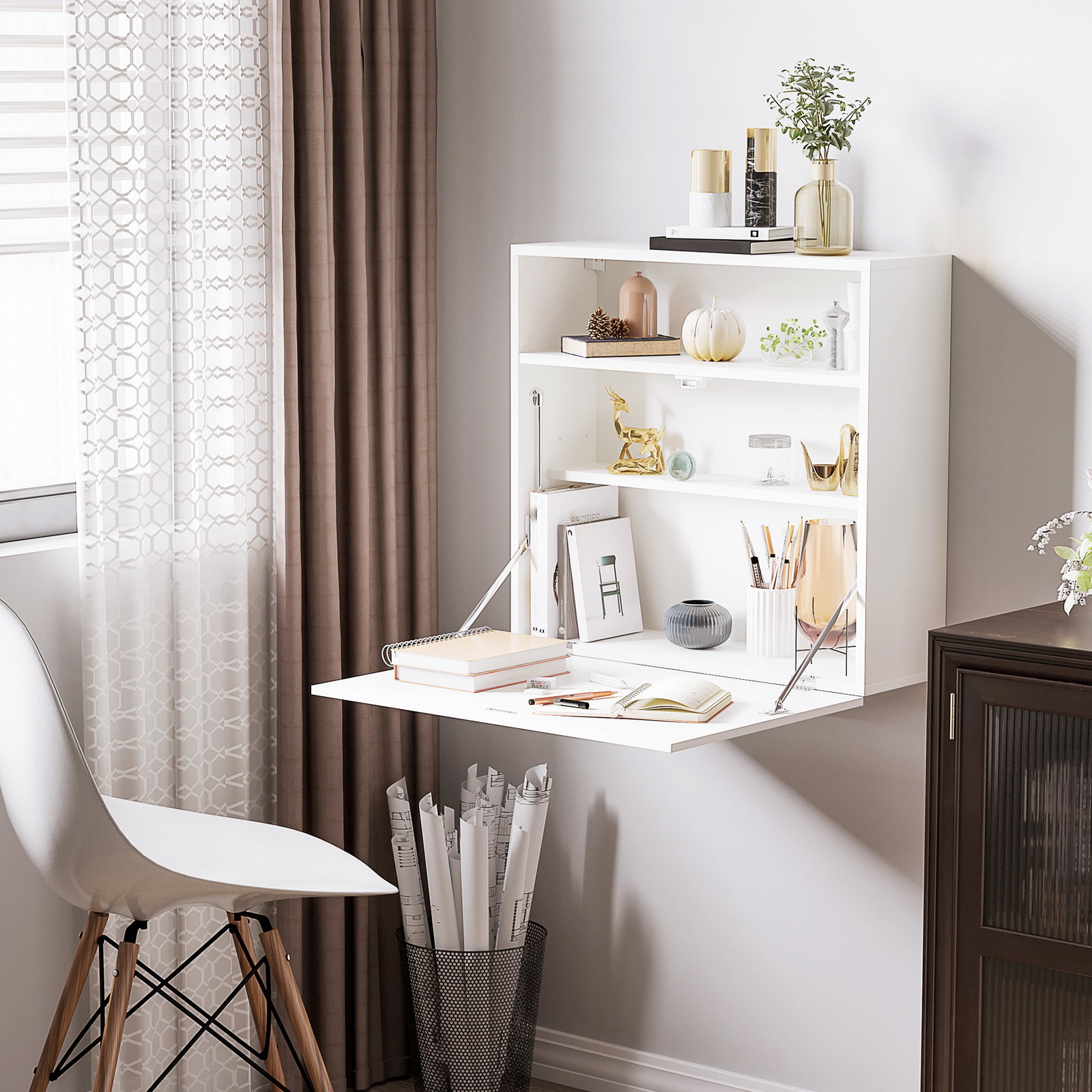 Secretária de parede moderna dobrável multifuncional com prateleiras de armazenamento carga 40 kg 64x20x60 cm branco