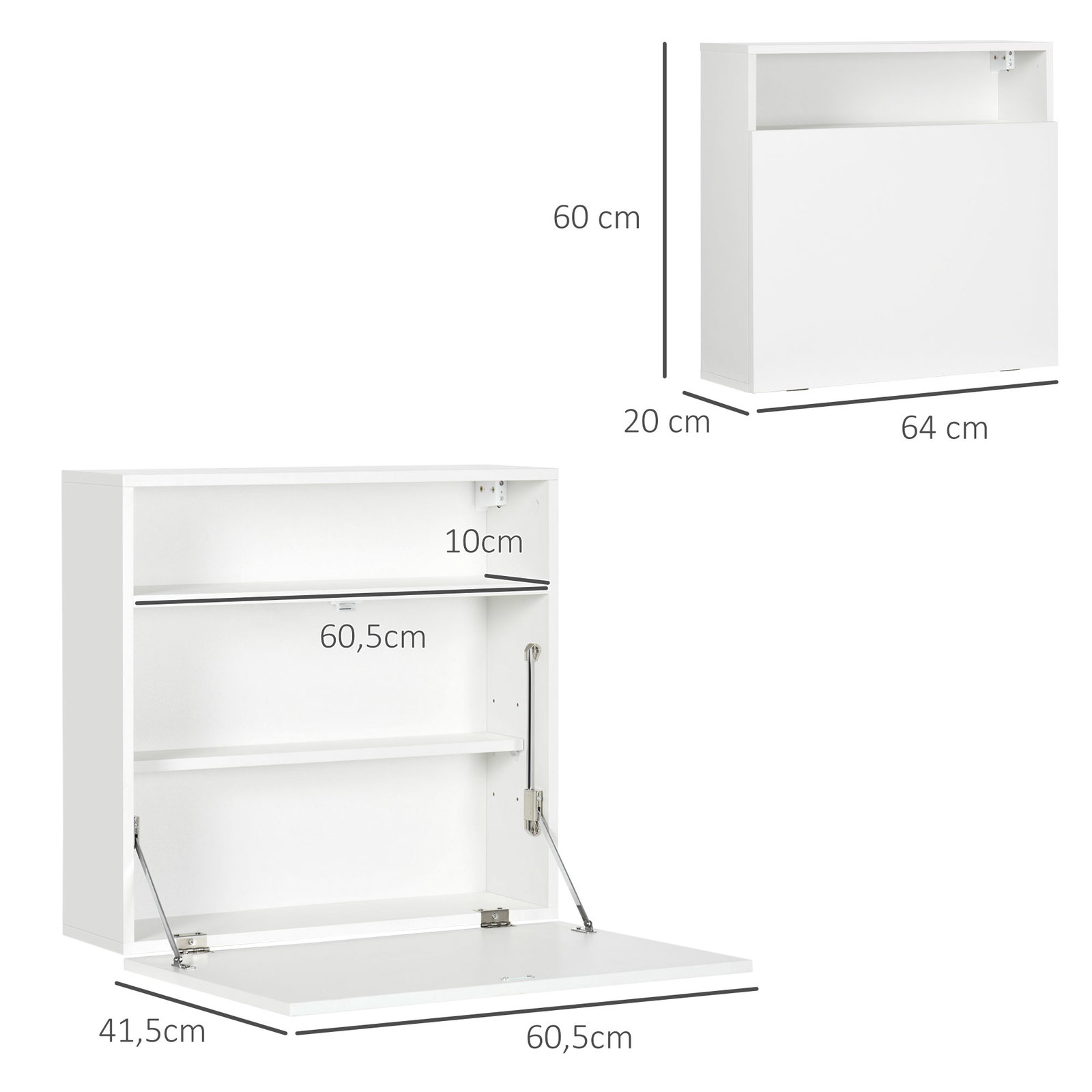 Secretária de parede moderna dobrável multifuncional com prateleiras de armazenamento carga 40 kg 64x20x60 cm branco