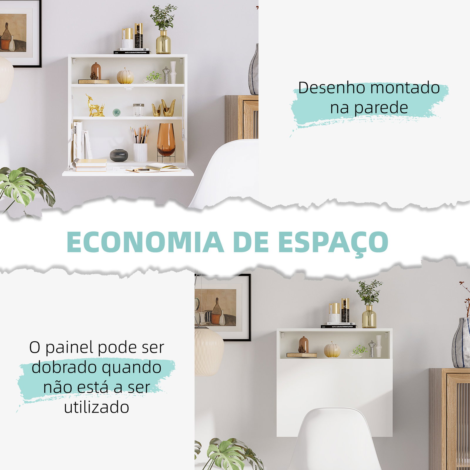 Secretária de parede moderna dobrável multifuncional com prateleiras de armazenamento carga 40 kg 64x20x60 cm branco